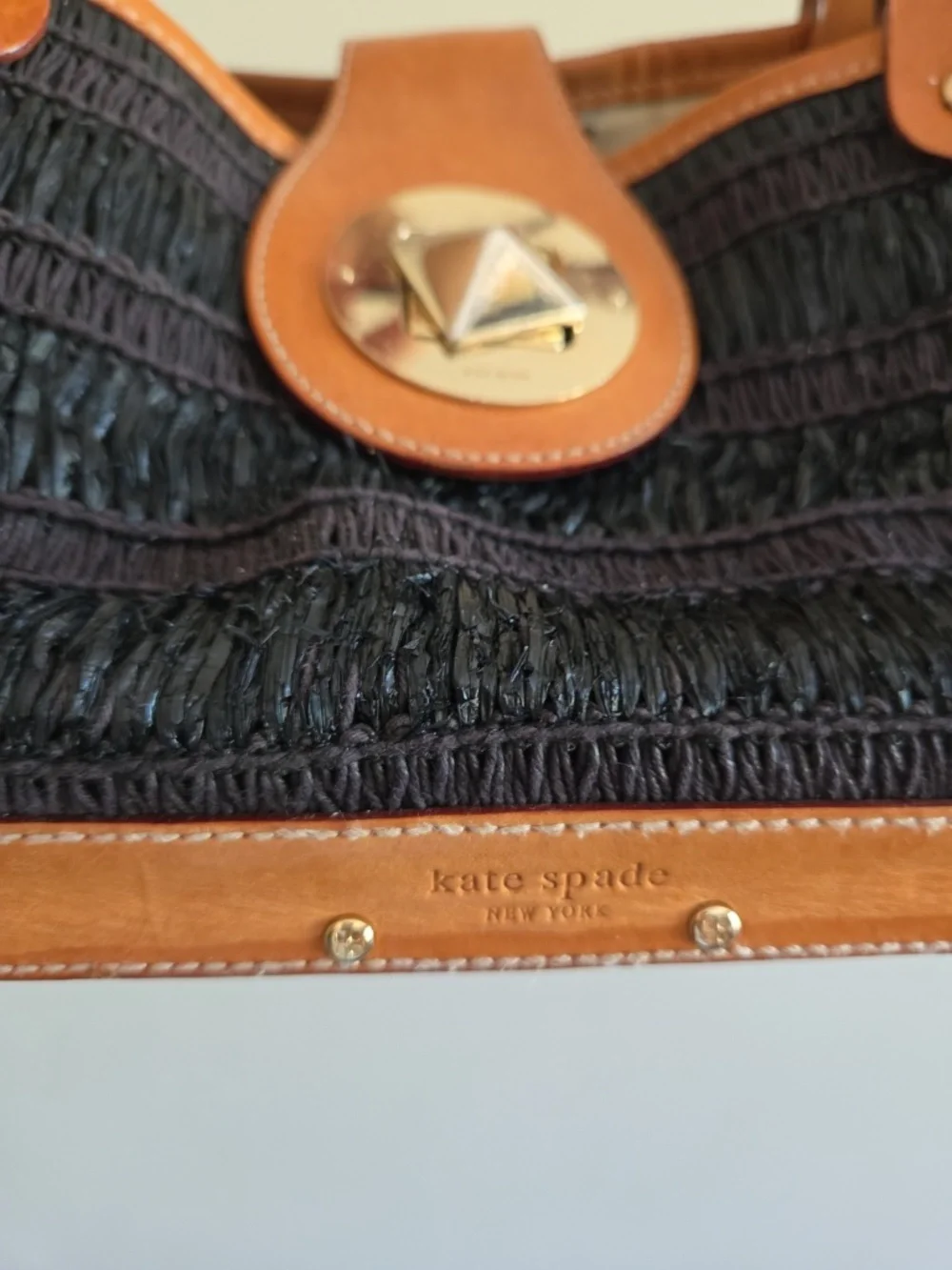 Vintage Kate Spade black straw purse handbag wooden bottom leather trim - Picture 6 of 12